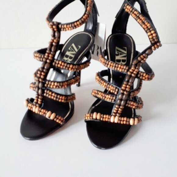 NWT Zara black & brown beaded open toe heeled strappy gladiator sandal, 6 - Picture 9 of 12